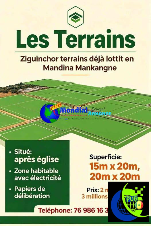 Terrain à vendre à Ziguinchor – Mandina Mancagne Contact 76 986 16 36