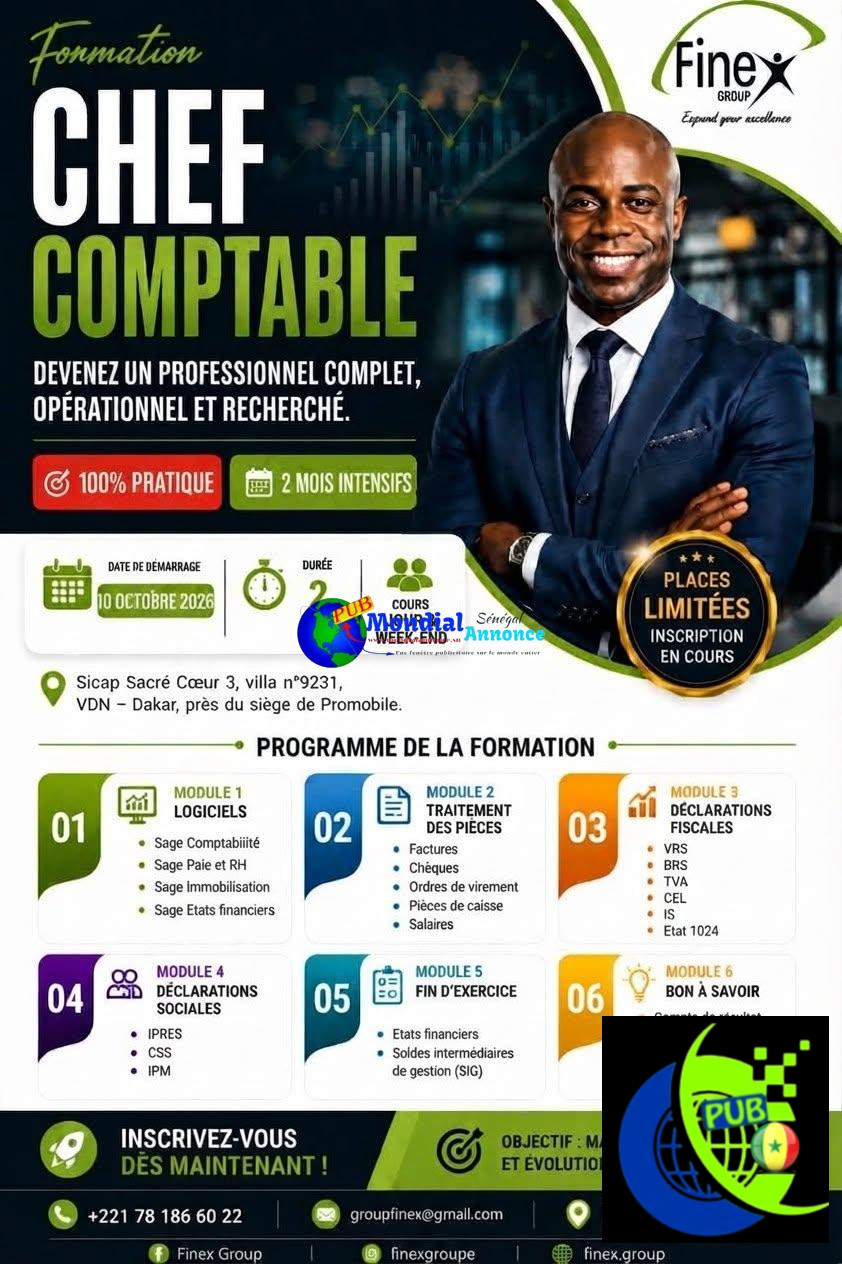 Formation pratique de Chef comptable 100% pratique : maîtrisez la comptabilité et les logiciels Sage  à Dakar