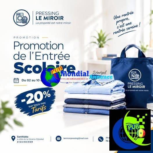 Promotion rentrée scolaire : -20 % chez Pressing Le Miroir à Ziguinchor