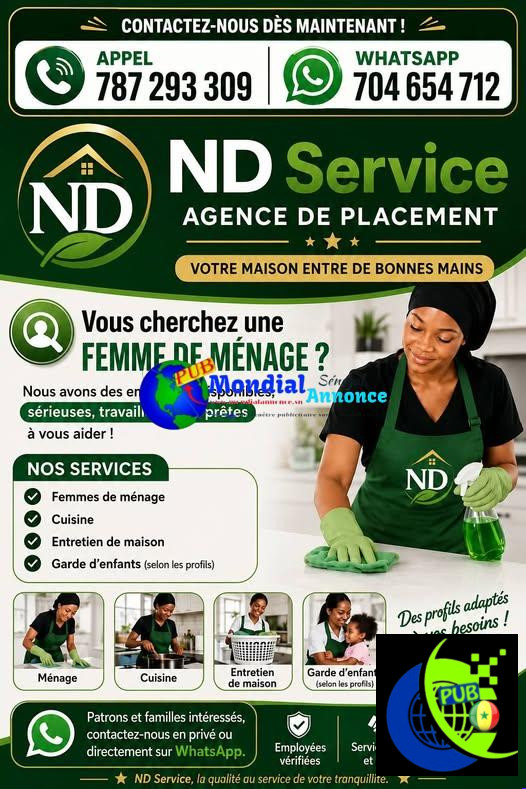 Agence de placement : femmes de ménage, nounous, boys et gardiens Contact 78 729 33 09